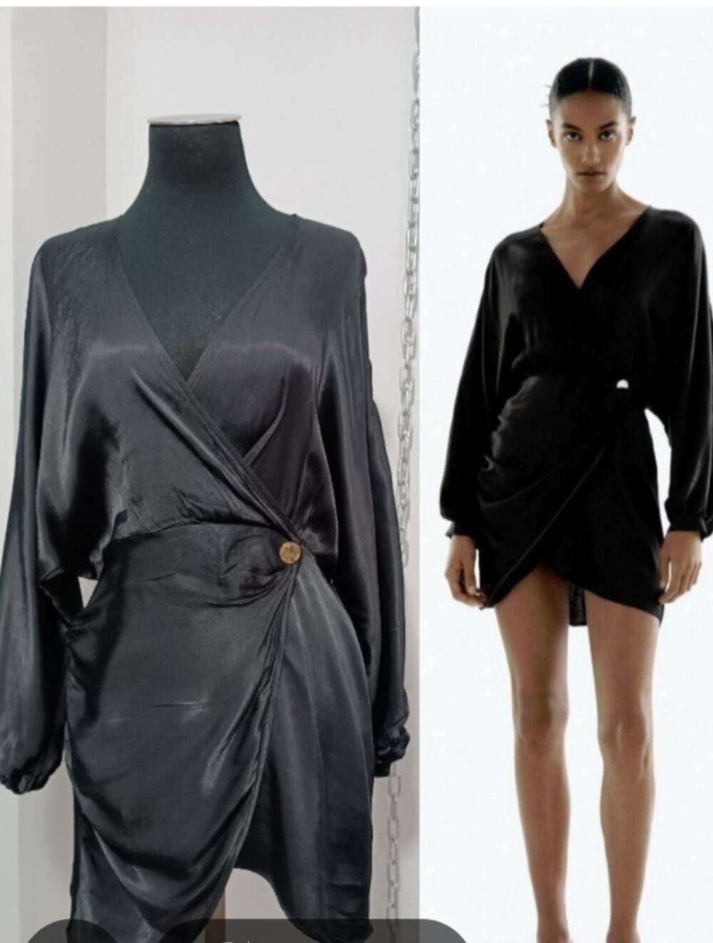 Zara Long Sleeve Black Satin Wrap-Style Dress